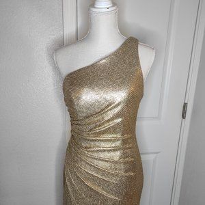 Cinderella Divine CH202 Full Length Gold Asymetric Neck Sheath Dress with Slit